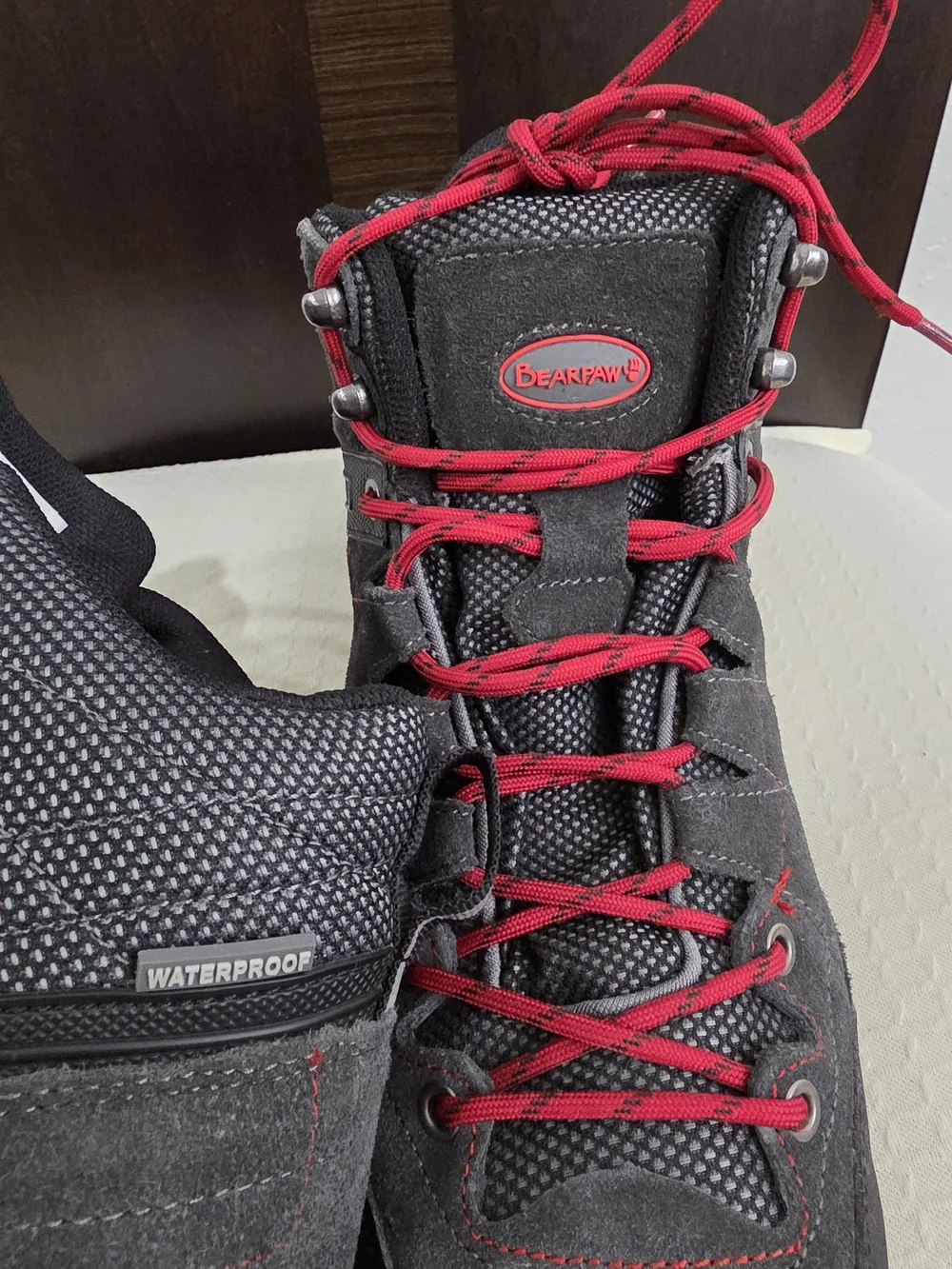 BearPaw Men's Black Boots with Red Laces and Blue Trim